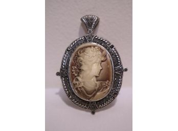 925 Sterling Silver And Resin Cameo With Marcasites Pin And Pendant Signed 'CFJ' Thailand