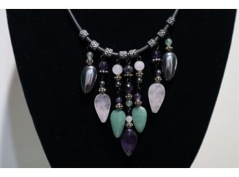 925 Sterling Silver With Hematite , Pink, Green, And Purple Stones On Leather Cord Necklace