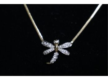 14K Yellow Gold With Diamonds Dragon Fly Necklace  17'