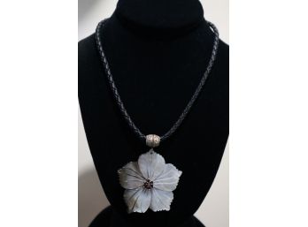 925 Sterling Silver With Mother Of Pearl, Red Stones, And Marcasites Flower Pendant On Leather Cord