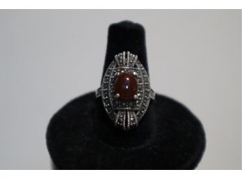 925 Sterling Silver With Carnelian And Marcasites Ring Size 6.5