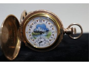10K Gold Waltham Pocket Watch With Red Stones On Face #433126 Mechanics Work