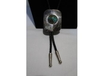 Sterling Silver With Turquoise And Leather Cord Bolo Tie Signed Todd Cerrillos, NM