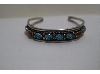 Sterling Silver With Turquoise And Coral Bracelet Marked 'WA'