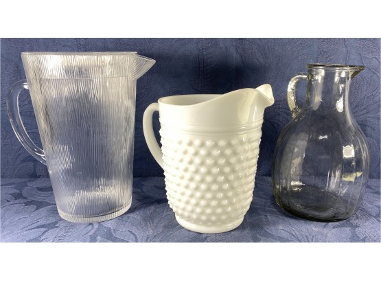 Trio Of Pitchers - Milk Glass, Plastic With Lid & Vintage Clear Glass Vinegar