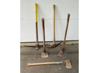 Vintage Garden Tools - Axe, Assortment Of Picks & Hoes - Rusty Gold Garden Decor