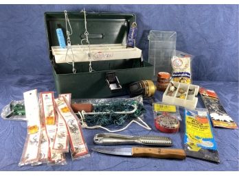 Fishing Tackle Box Filled With Lures, Hooks, Folding Net, Scalemaster Tool & More