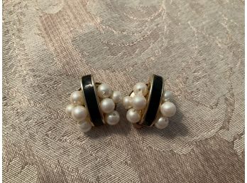Navy, Gold Tone, And Faux Pearl Bar Earrings - Lot #18