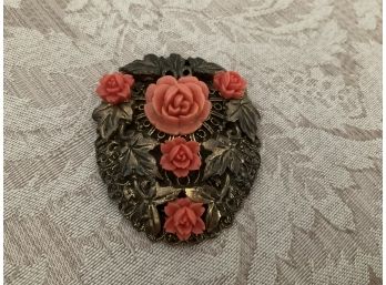 Vintage Brass Colored Pendant Decorated With Leaves And Faux Coral Flowers - Lot #22