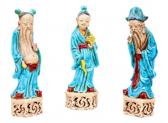 3 Ancient Chinese Elder Sculptures With Headdresses