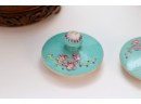 Pair Of Porcelain Chinese Lidded Jars Enameled In Turquoise With Hand Painted Blossom Trees