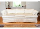 Custom Sateen Damask Upholstered Pillow Curved Rolled Back Sofa With Rolled Arms And A Pleated Skirt