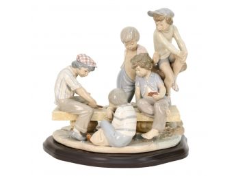 Zaphir  By Lladro Mounted Fine Porcelain Sculpture Boys Playing Cards