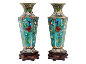 Chinese Vintage Mounted Cloisonne Panel Hexagon Vases With Gold Trim Set Of 2
