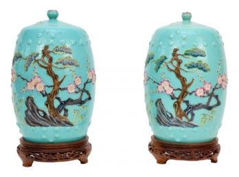 Pair Of Porcelain Chinese Lidded Jars Enameled In Turquoise With Hand Painted Blossom Trees