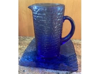 Blue Glass Pitcher With Tray