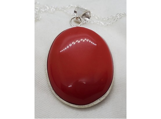 18' Sterling Silver Plated Necklace With Plated Coral Pendant ~ 1 1/4' X 1'