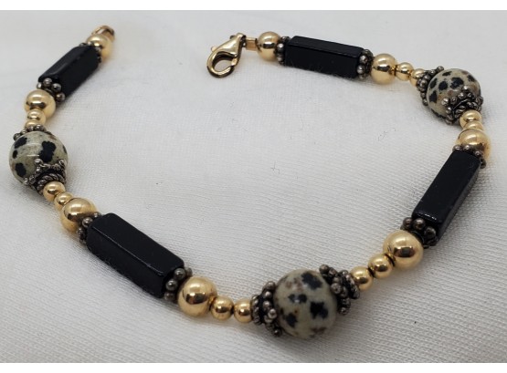 14 Kt Gold Filled 7' Bracelet With Beautiful Design With Dalmatian Jasper Stone ~ 9.19 Grams