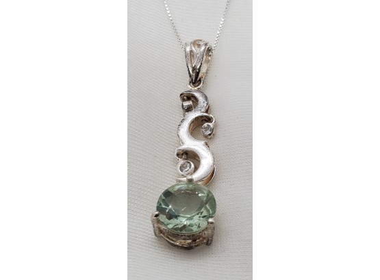 16' Sterling Silver Necklace With A 1 1/2' Pendant With An Aqua Gemstone ~ 5.75 Grams
