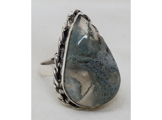 Size 6 Sterling Silver Plated Teardrop Moss Agate Ring ~ 15/16'