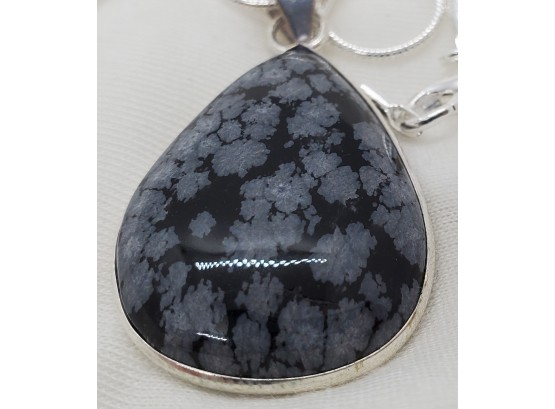 16' Sterling Silver Plated Necklace With A Lovely 1 3/8' Teardrop Natural Snowflake Obsidian