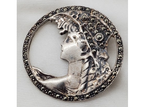 Beautiful 1 1/2 Inch Sterling Silver Pin - GODDESS LUNA' With Marcasite Stones - 11.83 Grams