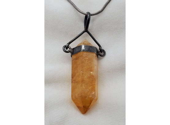 18' Sterling Silver Necklace With A HUGE Citrine Pencil Cut Stone ~ 1 1/2' X 1/2' ~ 12.27 Grams