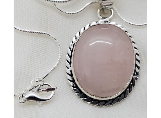 18' Silver Plated Necklace With Lovely Rose Quartz ~ 1'
