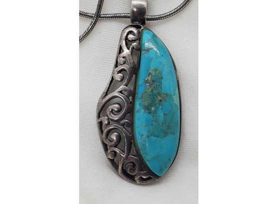 Large 18' Sterling Silver Chain 'Made In Italy' With Turquoise Pendant - 2 1/4' X 1' - 17.77 Grams