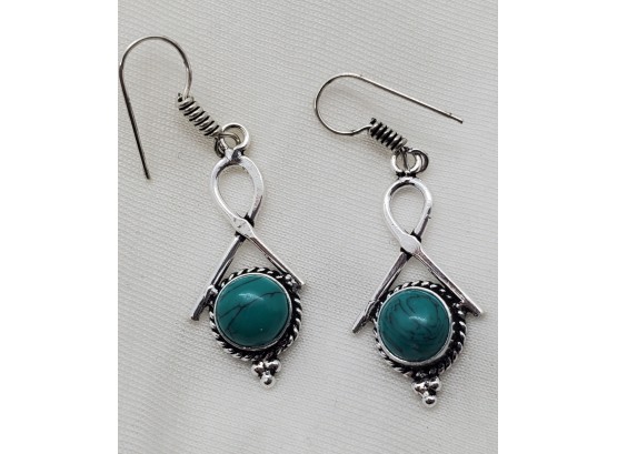 Beautiful Pair Of Silver Plated Earrings With Synthetic Turquoise ~ 1' Long