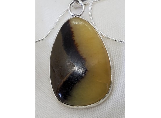 18' Sterling Silver Plated Necklace With Plated Septarian Gemstone Pendant ~ 1 1/4' X 7/8'