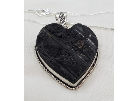 17' Sterling Silver Plated Necklace With Plated Natural Black Tourmaline Heart Pendant ~ 1 1/4' X 1 1/4'