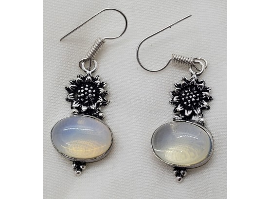 Beautiful Pair Of Silver Plated Earrings With Moonstones ~ 1' Long