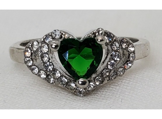 Size 8 Silver Plated Heart Shaped Faux Emerald Ring