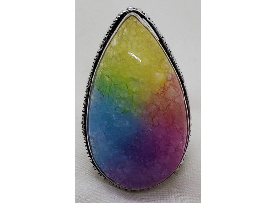 Size 7 Sterling Silver Plated Natural Rainbow Solar Quartz Ring ~ 1 1/4' Long