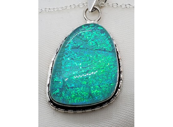 17' Sterling Silver Plated Necklace With Plated Australian Triplet Opal Pendant ~ 1' X 3/4'