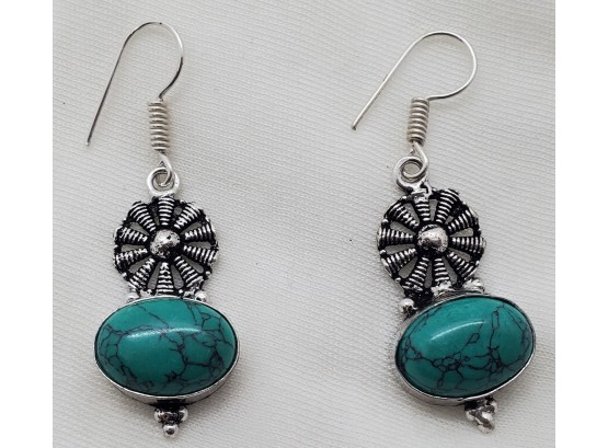 Beautiful Pair Of Silver Plated Earrings With Synthetic Turquoise ~ 1' Long