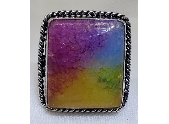 Size 8 Sterling Silver Plate Ring With A Gorgeous Rainbow Solar Quartz ~ 1' X 1'