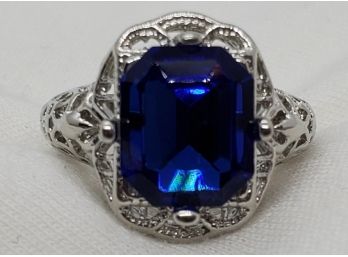 Size 8 Silver Plated Reticulated Ring With Faux Sapphire