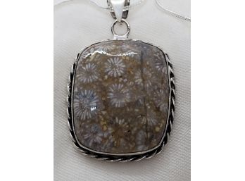 20' Sterling Silver Plated Necklace With Plated Natural Fossil Coral Pendant ~ 1 1/2' X 1'