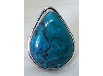 Size 9 Sterling Silver Plated Ring With A Large Natural Turquoise Stone ~ 1' X 3/4'