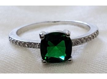 Size 8 Silver Plate Faux Emerald Ring