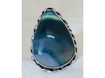 Size 7 Silver Plated Ring With A Teardrop Moss Agate ~ 1' X 3/4'