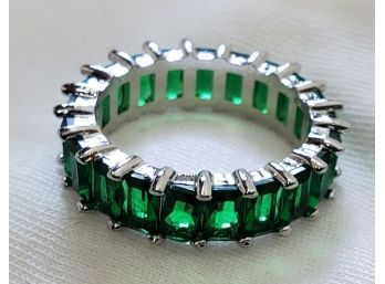 Size 8 Silver Plated Ring With A Faux Emeralds All The Way Around