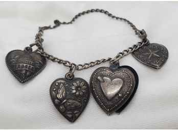 7' Antique Sterling Silver Heart Charm Bracelet ~ 7.39 Grams ~ Marked 'Marie' & 'Jimmie' ~ US Capitol ~ 7.39 G