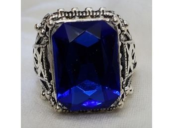Size 10 Sterling Silver Plated Ring With A Huge Faux Sapphire ~ 13 Grams