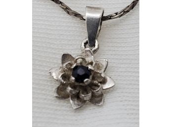 14' Sterling Silver Necklace With Blue Topaz Floral Pendant ~ Petite ~ 1.79 Grams