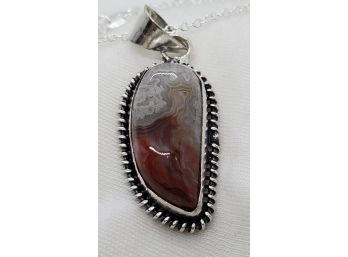 17' Sterling Silver Plated Necklace With Plated Crazy Lace Agate Pendant ~ 1 1/8' X 5/8'