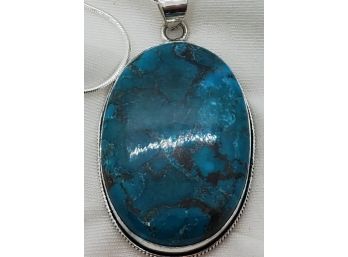 18' Sterling Silver Plated Necklace With Huge 1 5/8' X 1 3/16' Turquoise Pendant ~ 23.15 Grams