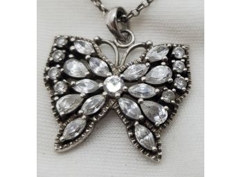 Stunning 16' Sterling Silver Butterfly Necklace With Rhinestones - 1' Wide - 8.31 Grams